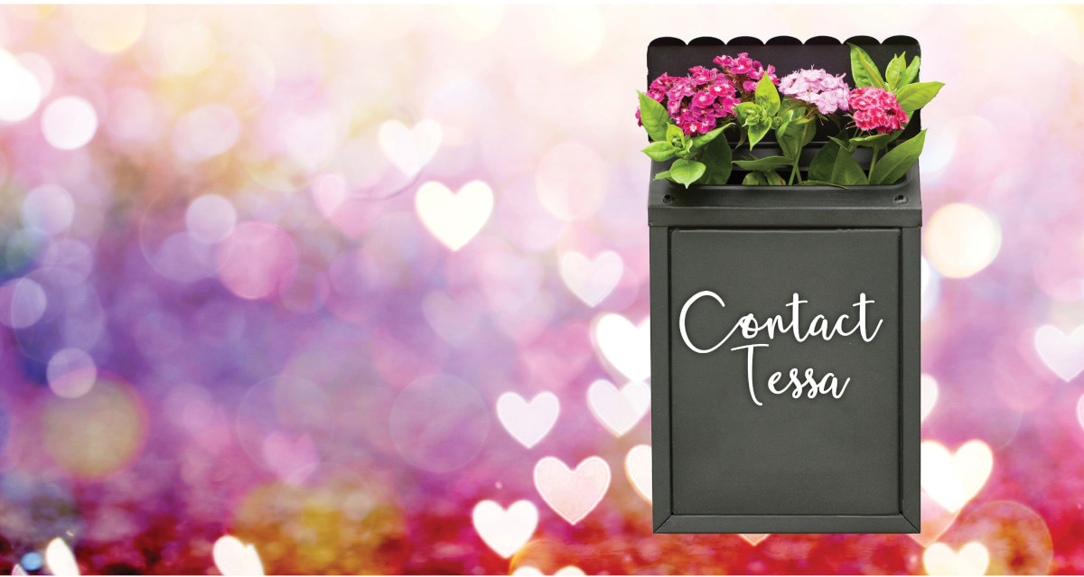 Contact Tessa flower planter against pink heart bokeh